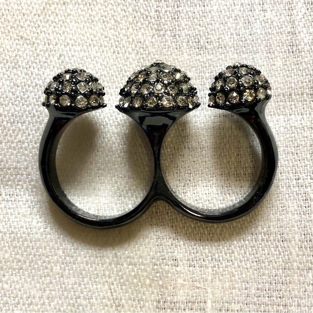 Vintage 80s Two Finger Rhinestone Ring Gunmetal Dome Size 8 Whimsigoth